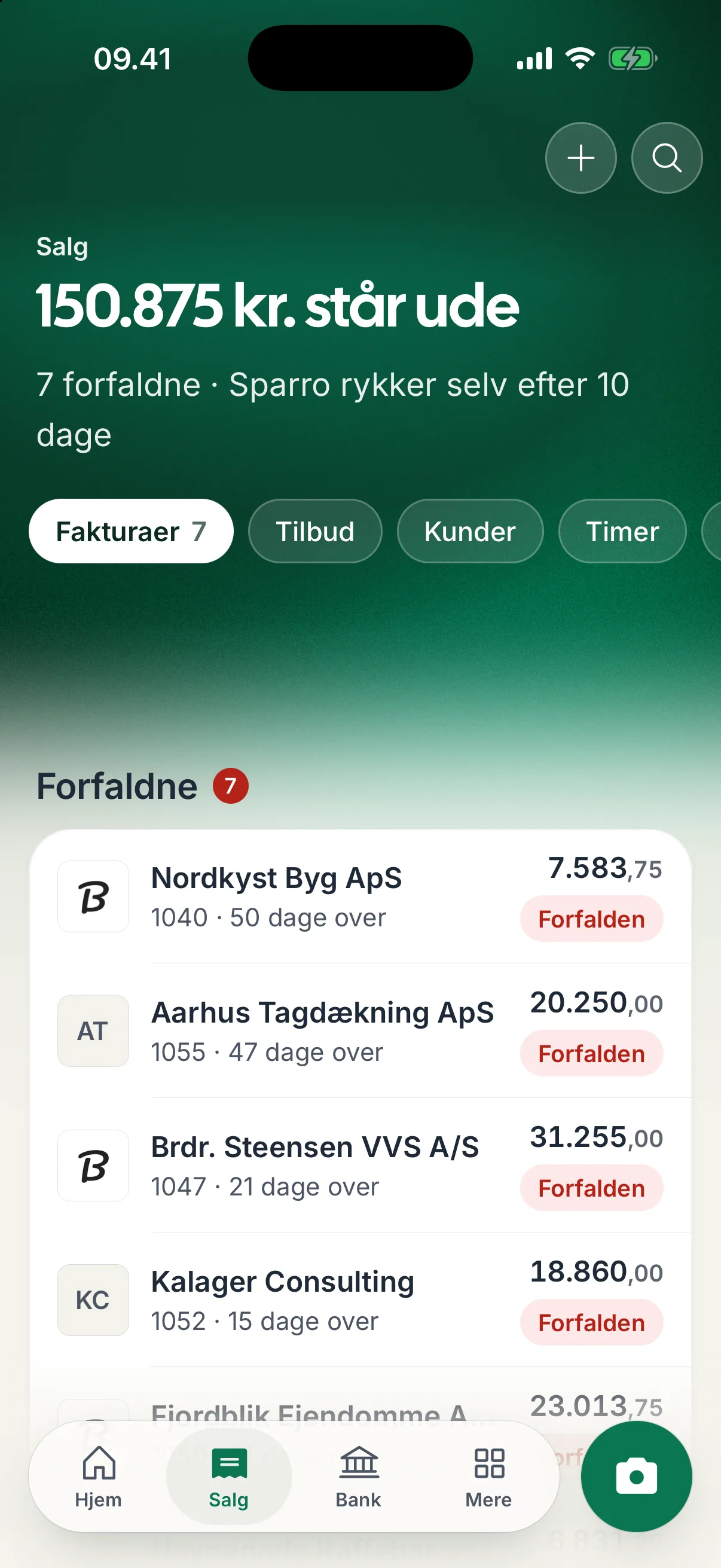 Salg i Sparro-appen: 150.875 kr. står ude, 7 forfaldne fakturaer, og Sparro rykker selv efter 10 dage.